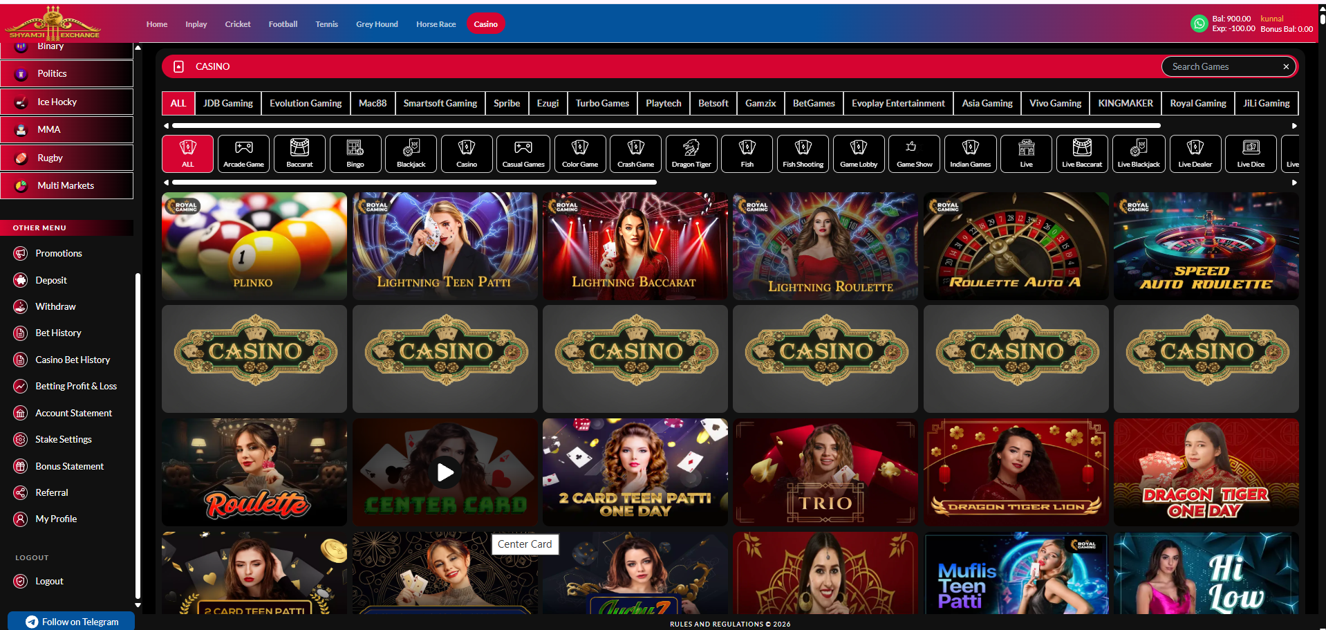 Casino Lobby full page, opened from the Casino nav tab