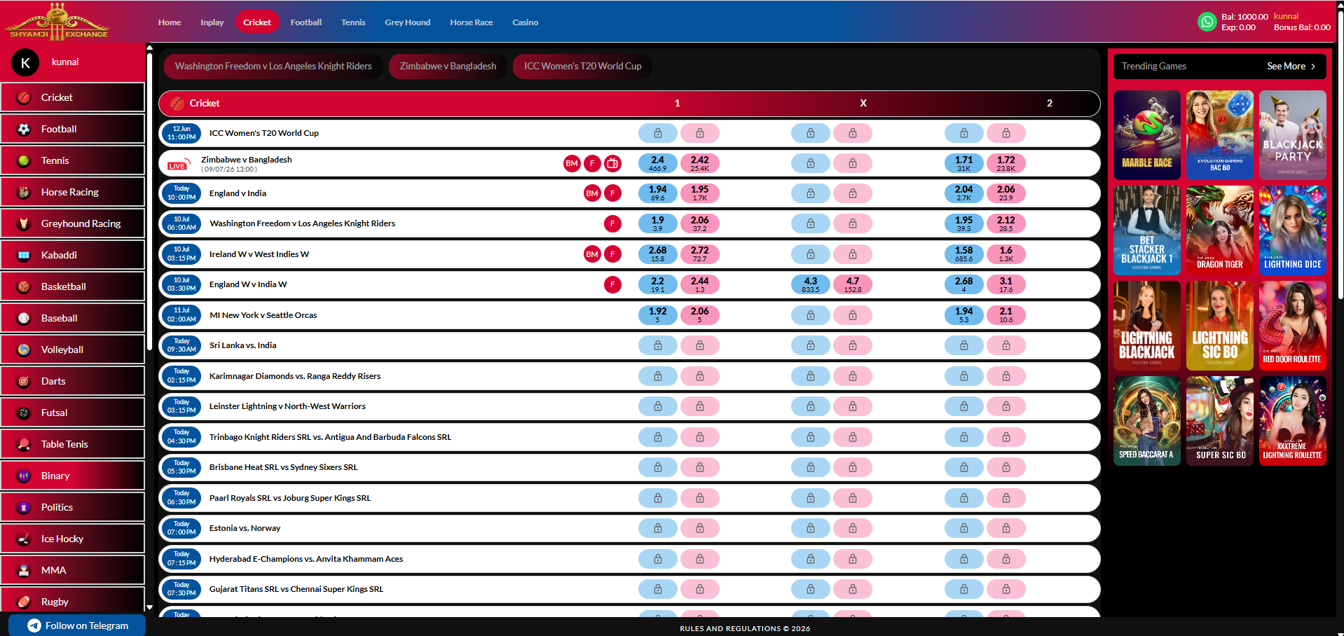 Cricket listing page