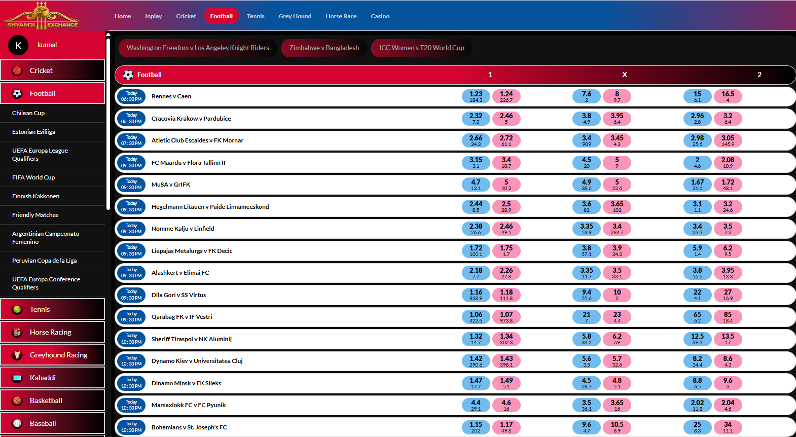 Football listing page with sidebar competitions