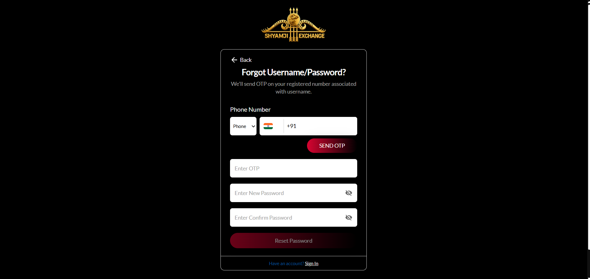Forgot Username/Password screen