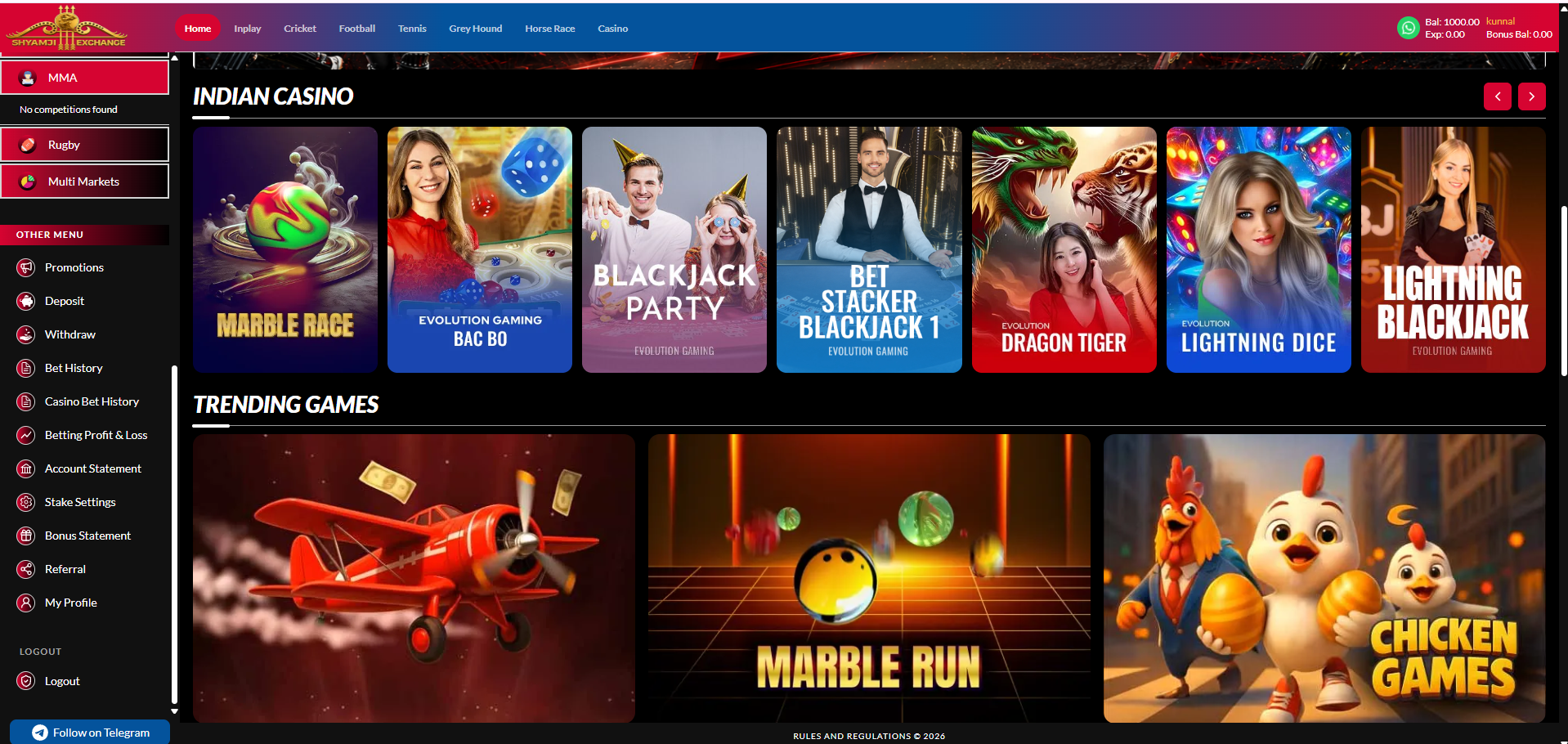 Indian Casino and Trending Games sections