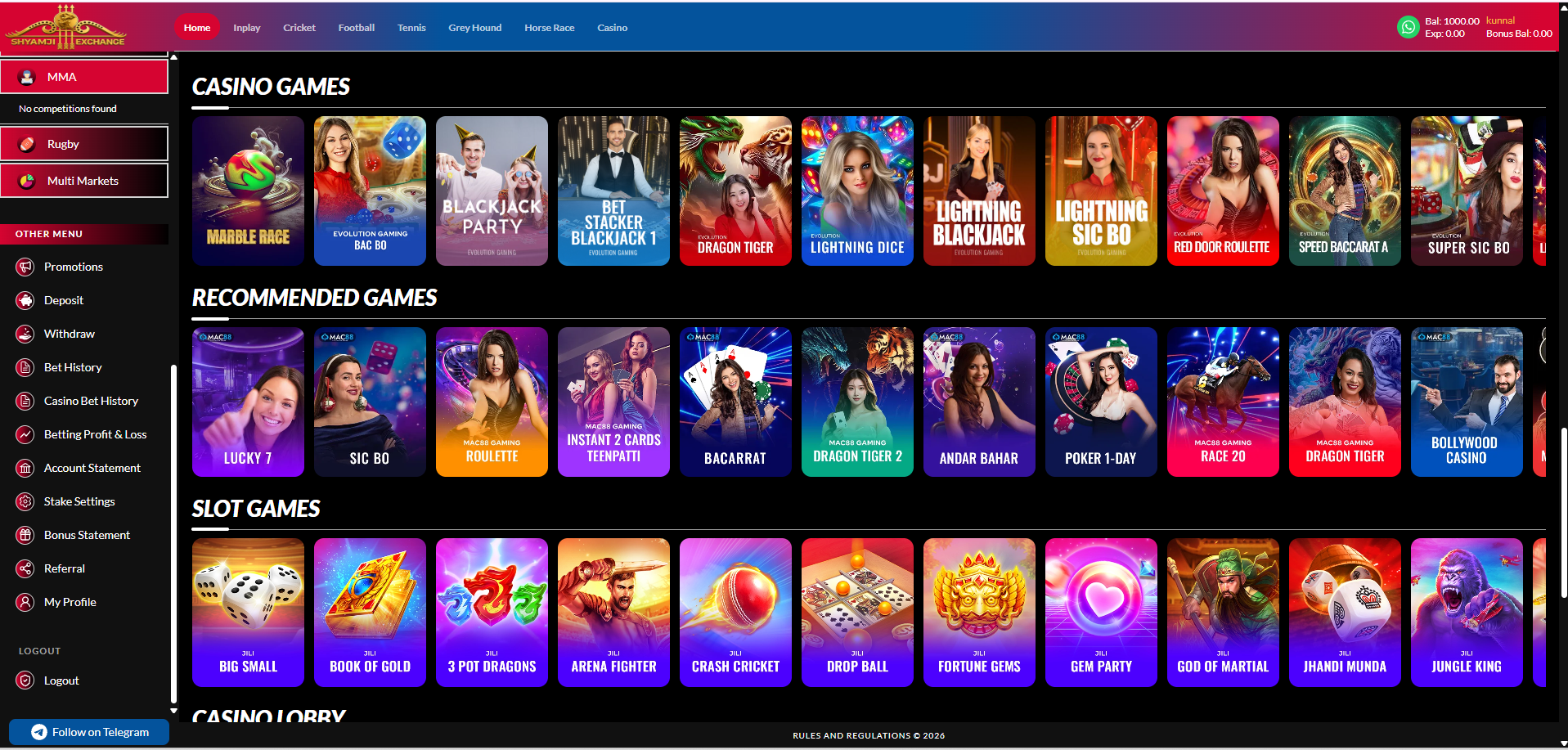 Casino games, recommended games and slot games grids