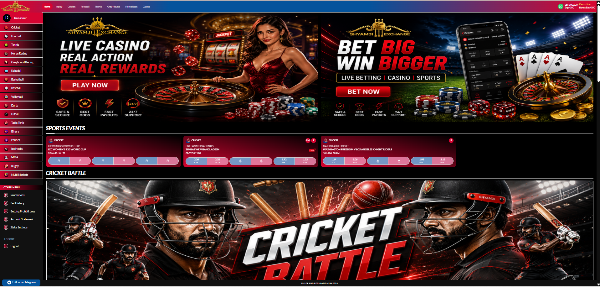 Sidebar navigation, full sport list