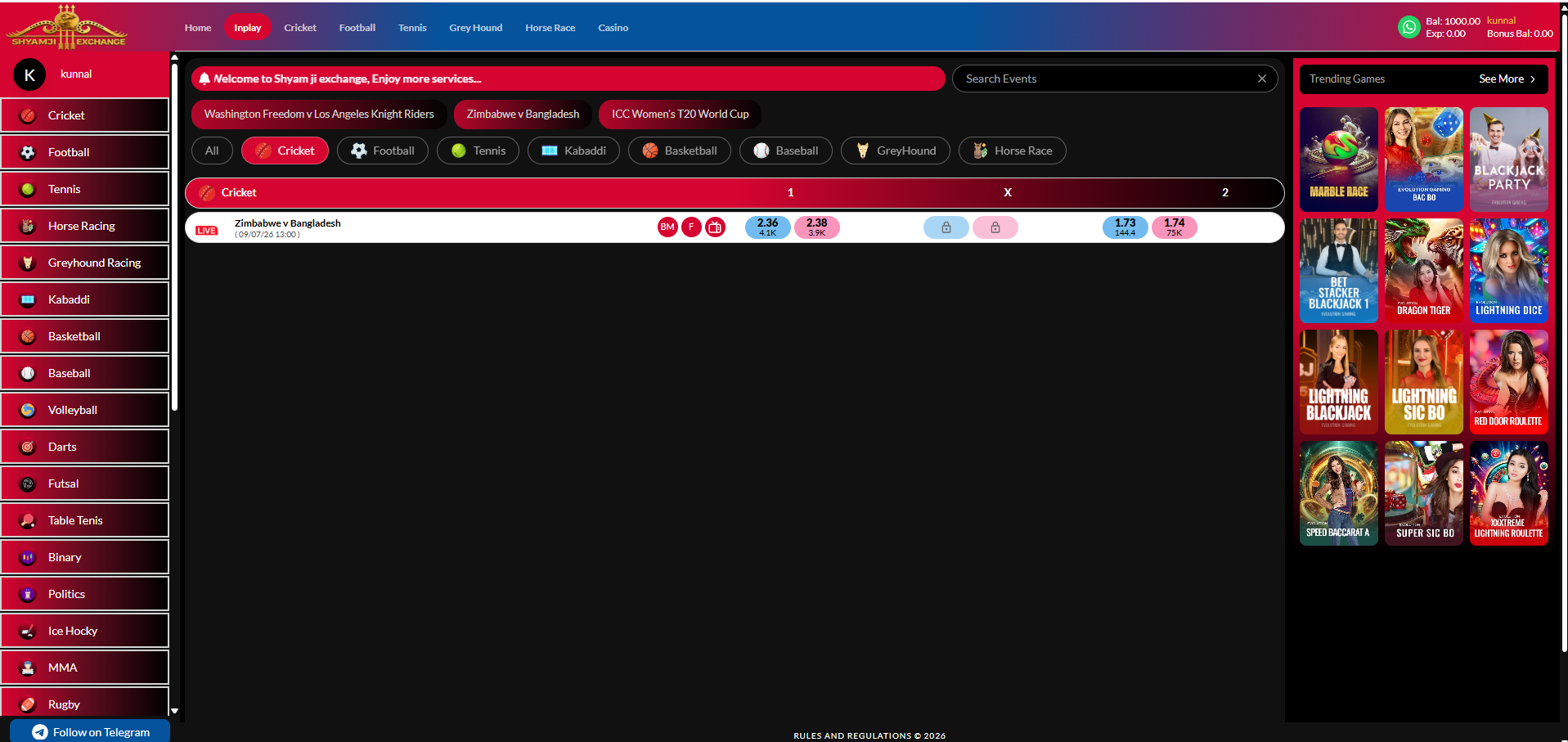 In-Play filtered to Cricket