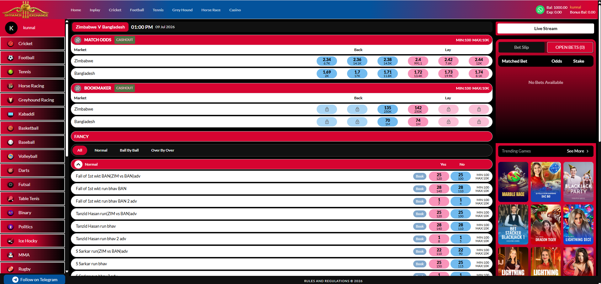 Sports betting market — match odds, bookmaker, fancy