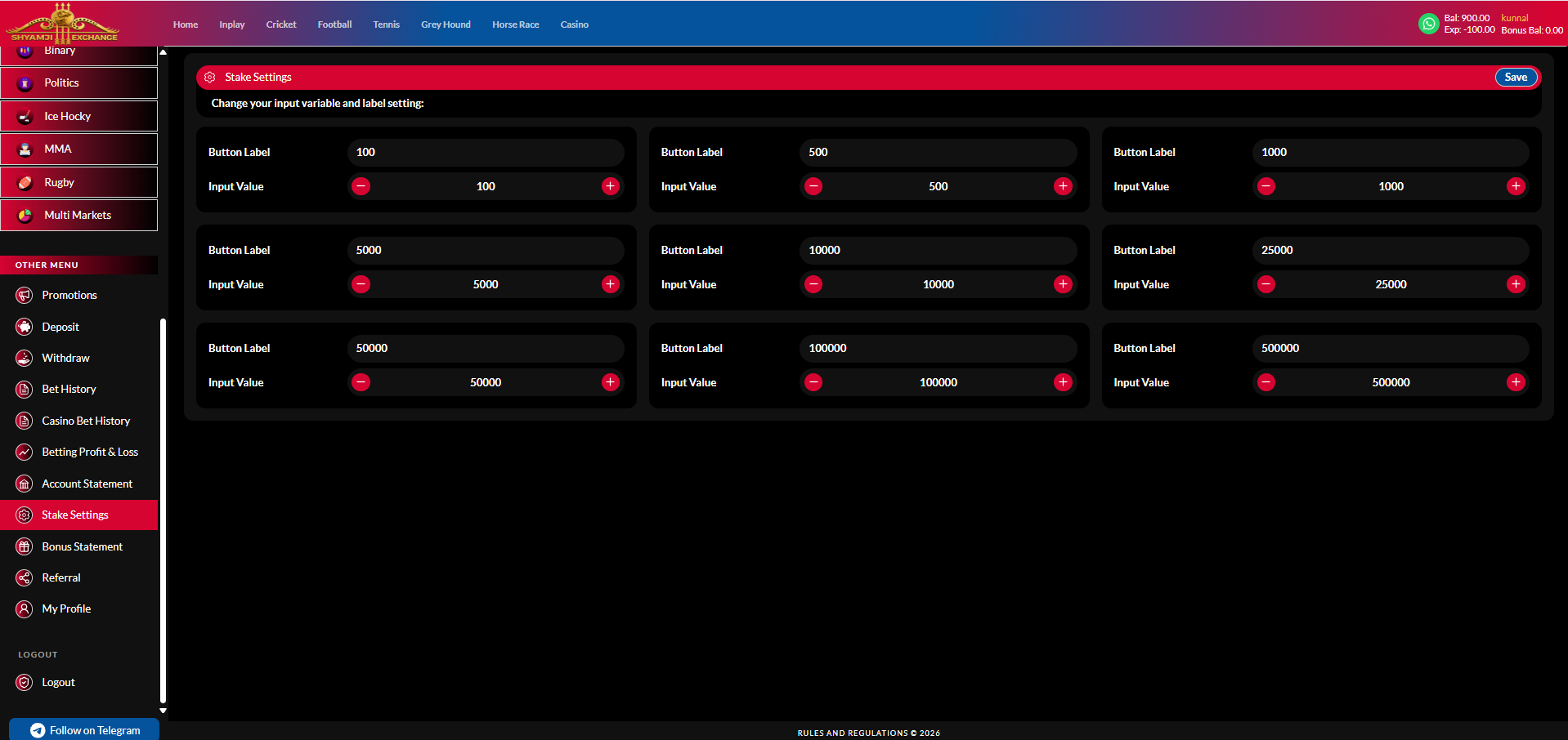 Stake settings grid