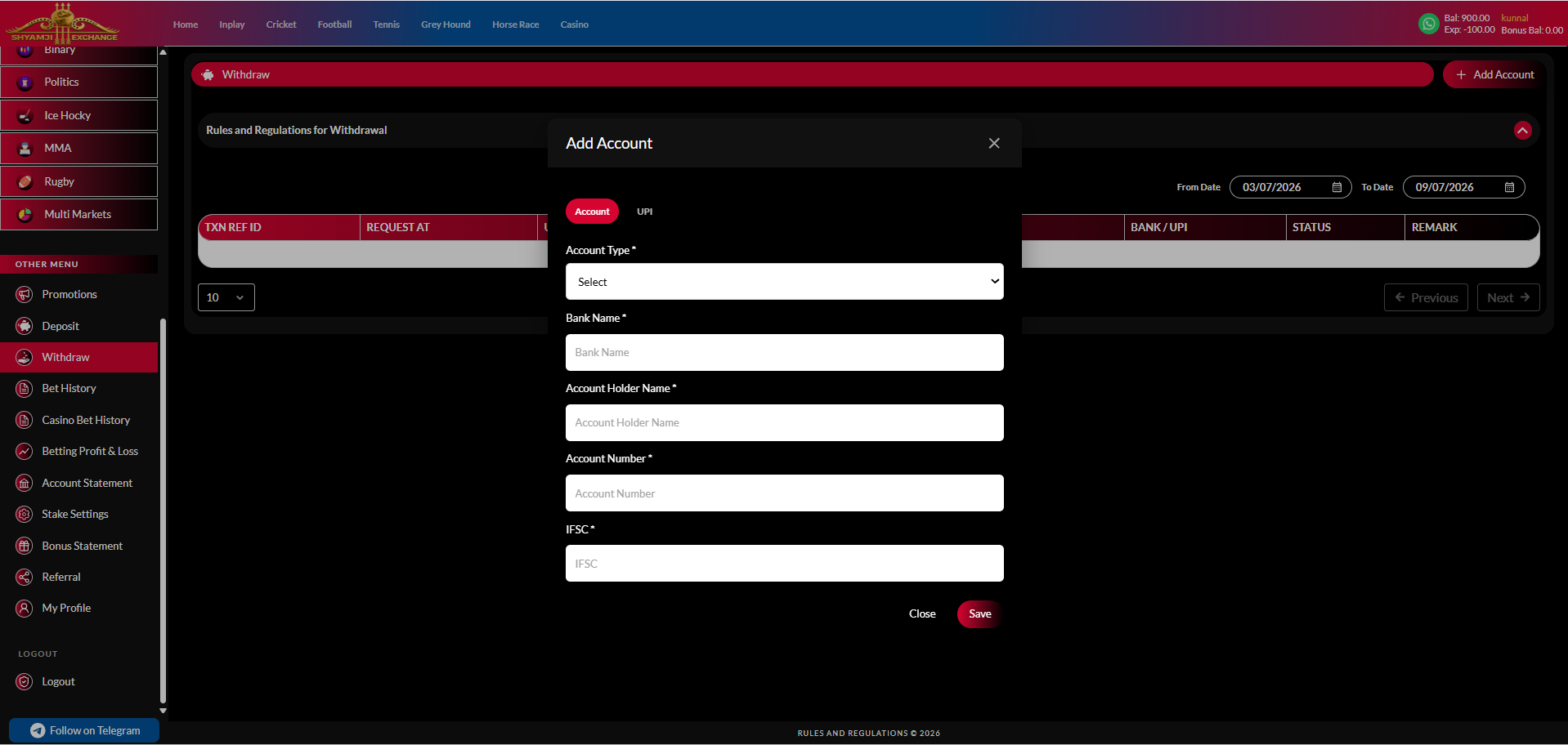 Add Account modal — bank tab
