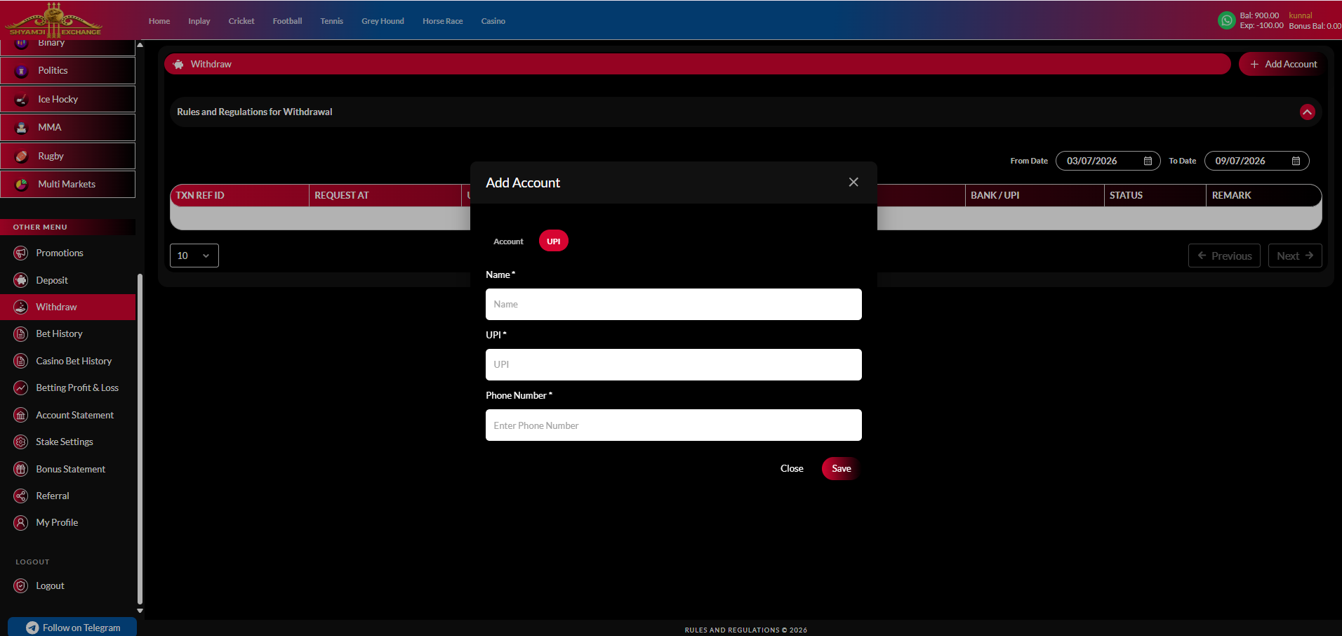 Add Account modal — UPI tab